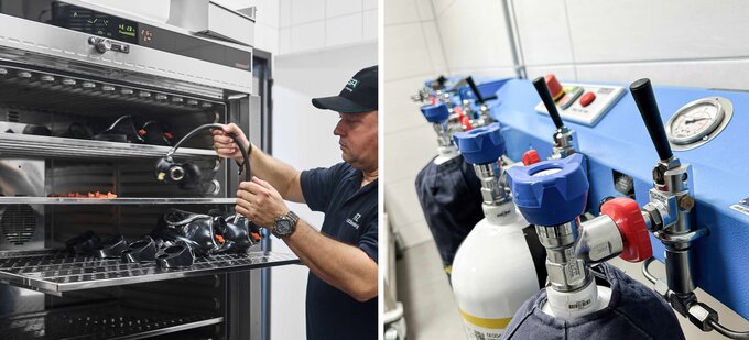 SCBA technician places PPE in the drying cabinet and refills the air cylinders. SCBA technician places PPE in the drying cabinet and refills the air cylinders.